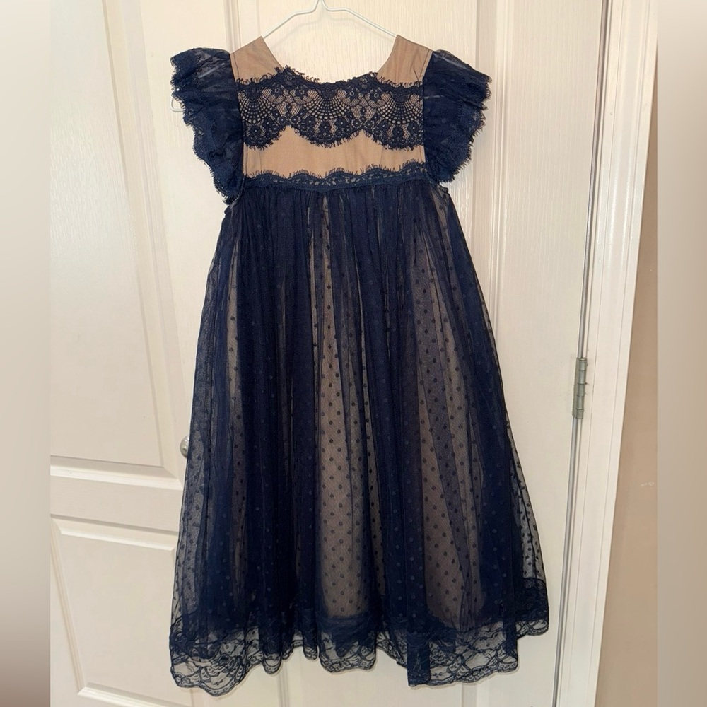 Elegant Navy Blue Lace Kids Dress